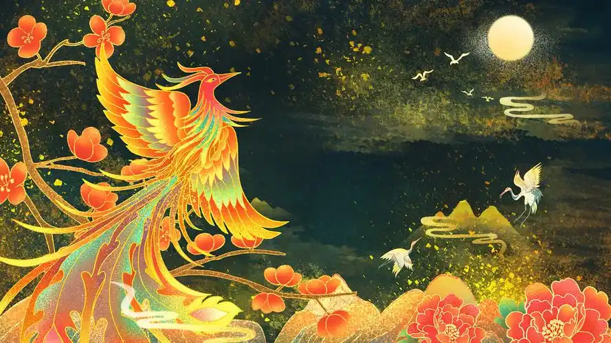 4k中国风鎏金凤凰祥云国潮插画背景ae模板花朵群山凤凰背景