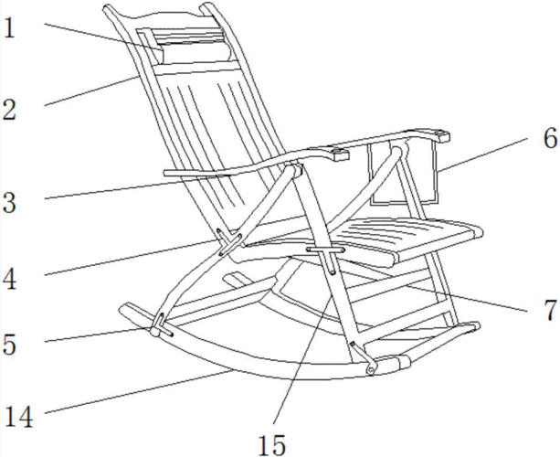 一种加固型竹制摇椅,包括摇椅主体(2),第一固定角铁(4),放置板(6),第