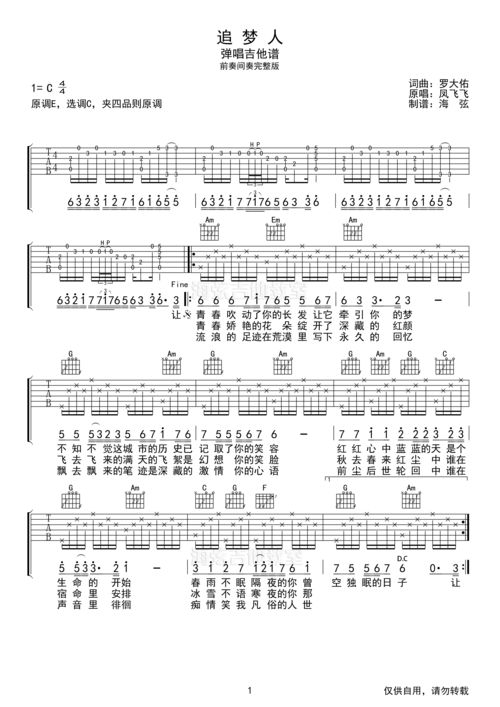 罗大佑追梦人c调带前奏间奏吉他谱