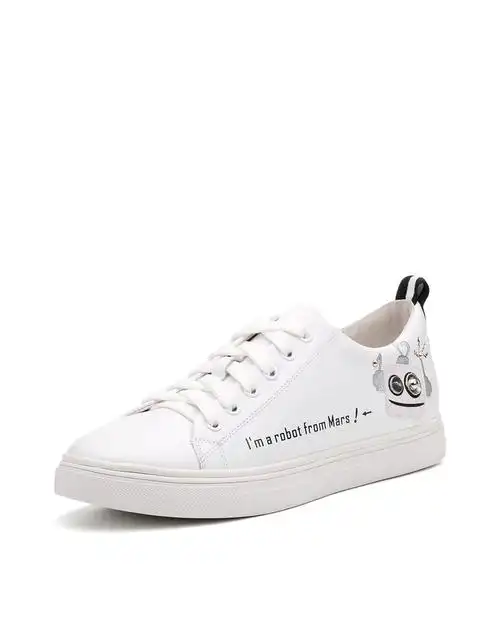 天美意白/银色牛皮趣味图案学院风卡乐鞋小白鞋女休闲鞋