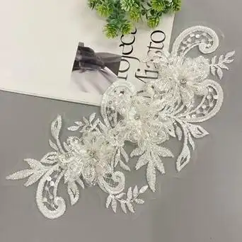 钉珠刺绣蕾丝贴花花朵 新娘婚纱礼服头饰衣服diy白色亮片立体布贴