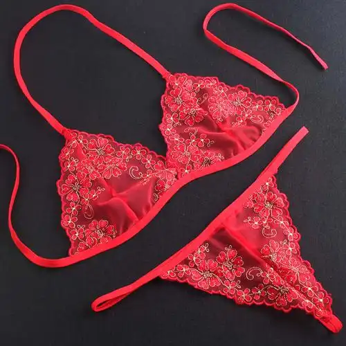 性感三点装透明内衣文胸套装透视三点装刺绣薄款诱惑情趣内衣包邮