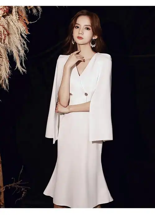 晗情沫默宴会晚礼服裙女新款白色高贵气质优雅学生成人礼主持平时可穿