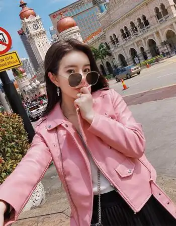粉色皮衣女短款春秋2018新款韩版学生可爱皮夹克修身小外套潮jhy 粉色