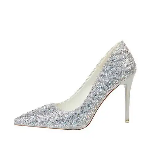 宴会细跟水晶尖头性感水钻大码婚鞋韩版女银色高跟鞋女夏少女单鞋