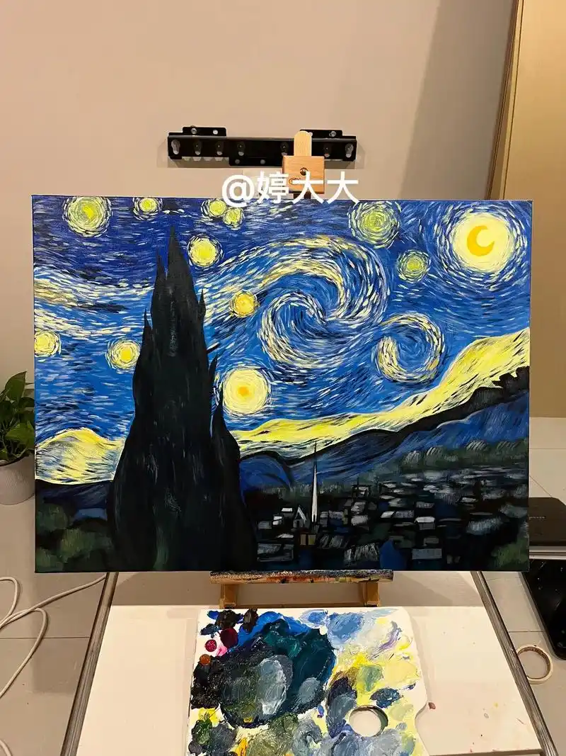 丙烯画|临摹梵高《星月夜》星空,附过程.尺寸:60701580c - 抖音