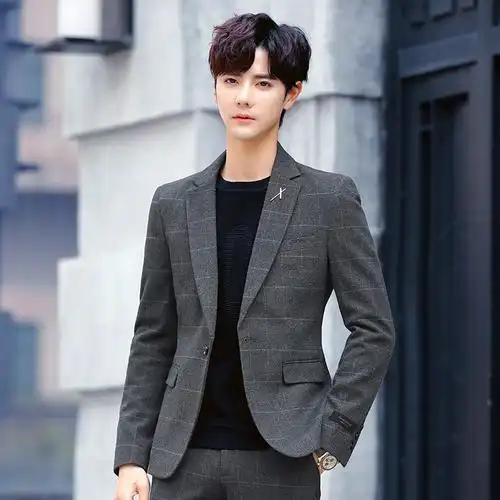 格子西装外套男士套装修身帅气韩版休闲潮流西服