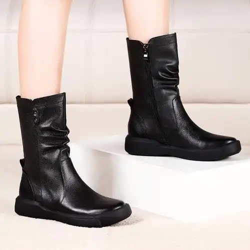 动力足女鞋秋冬全牛皮靴子女中筒靴平底复古调真皮女靴平跟马丁靴