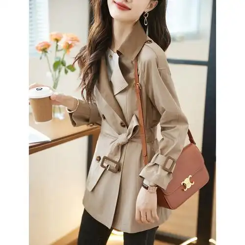 沫晗依美撞色翻领收腰外套2022秋季新款休闲气质百搭显瘦女款风衣