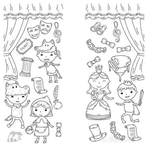 插画 儿童剧场演出.幼稚园音乐剧.学校的孩子们玩.
