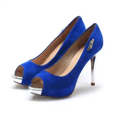 正品撤柜真皮鞋子女蓝色绒面羊皮鱼嘴高跟水台浅口单鞋ss51117609