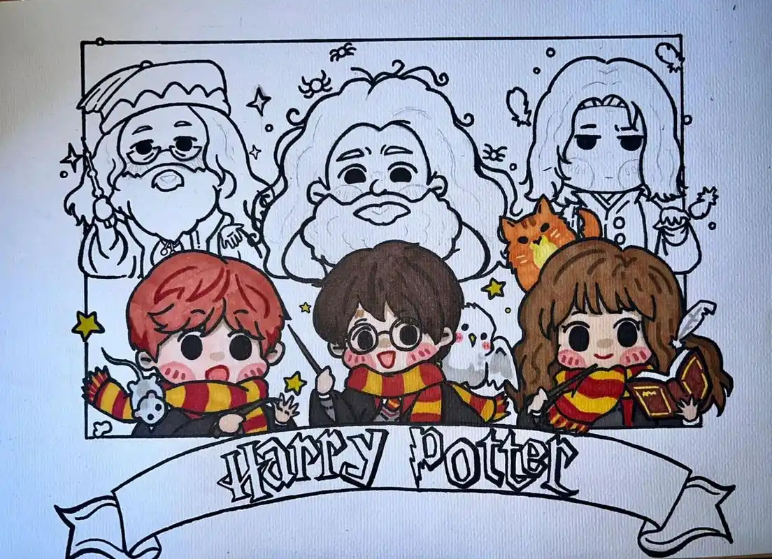 哈利波特q版手绘 这幅画是八开水彩纸,用的马利铅笔,秀丽笔,彩铅和
