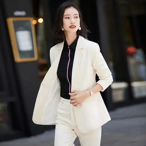 高端职业白色西装外套女神范秋装新款长袖商务职业女裤套装