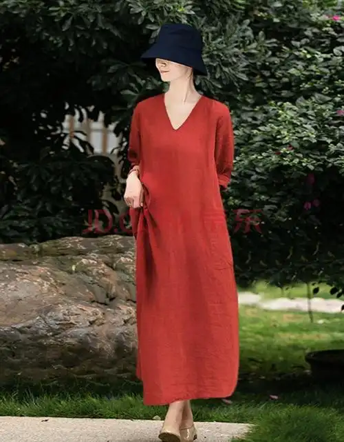 2021夏季复古文艺双色色织亚麻v领显瘦红色连衣裙 六分袖女 绯红 s