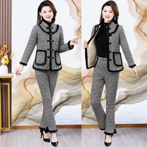 中年妇女棉袄棉裤套装格子棉衣外套秋冬季中老年女装妈妈加绒套装