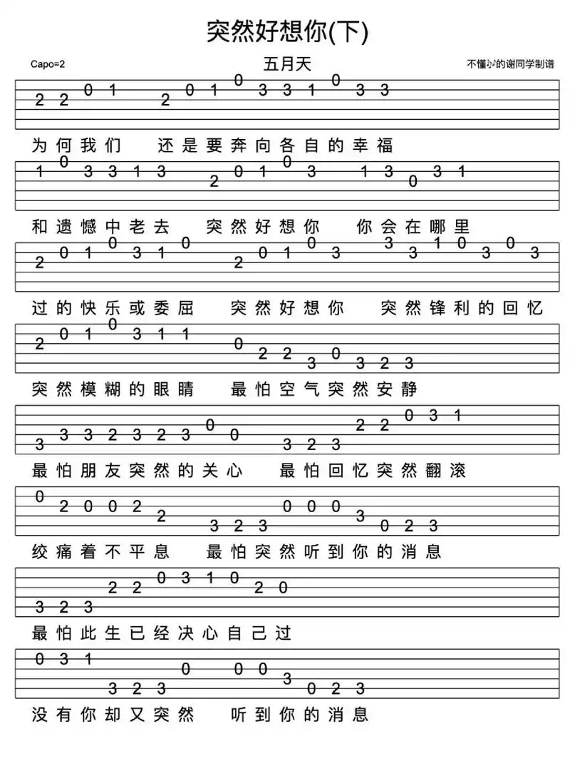 五月天《突然好想你》新手指弹吉他谱      	 《突然好想你》收录在