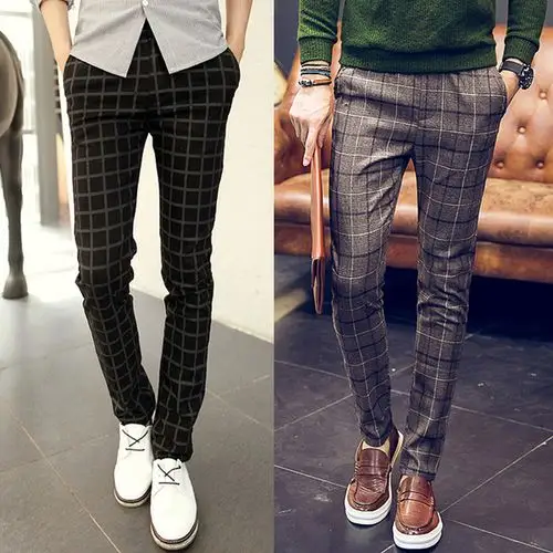 秋季英伦时尚男装修身男士格子休闲裤男青年小脚裤长裤休闲西裤男