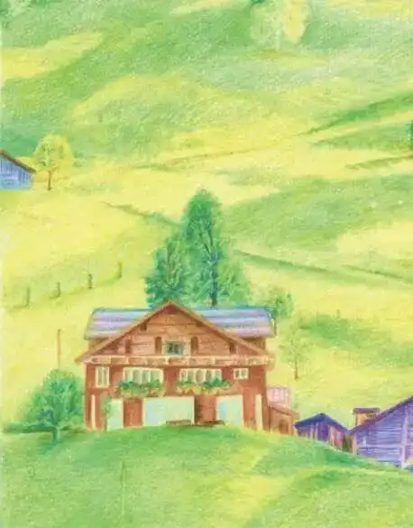 彩铅风景草丘上的小村庄
