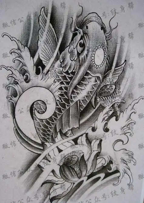 手稿黑灰鲤鱼莲花纹身图案