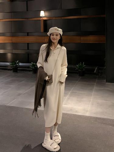 针织连衣裙女秋冬2022新款jhxc法式过膝毛衣裙配大衣宽松长款