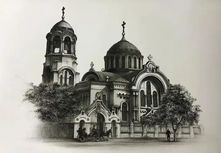 哈尔滨老建筑老教堂炭笔素描