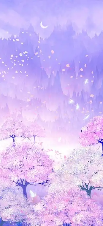 夜晚山谷中桃花林里花瓣飞舞月亮悬挂在天空插画背景图片素材