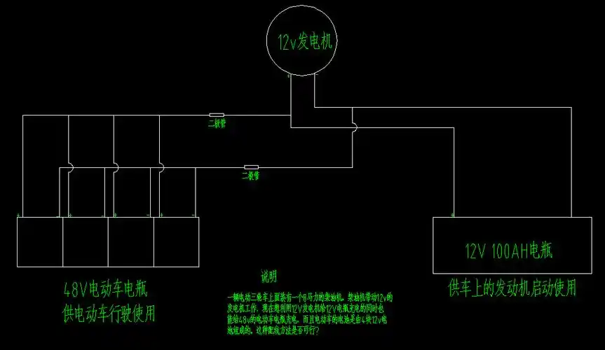 一个12v的发电机同时给4块12v的组成的48v电动车电池充电是否可行?