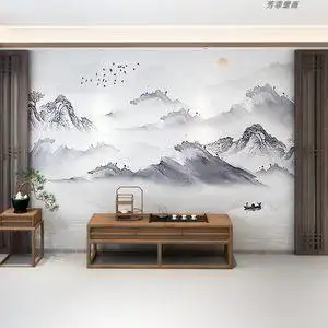 新中式山水风景画墙纸客厅电视背景墙壁纸水墨8d无缝壁画影视墙布