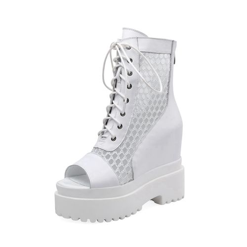 模特走秀演出网纱凉靴女夏办公牛皮厚底高帮休闲白色松糕坡跟鱼嘴凉鞋