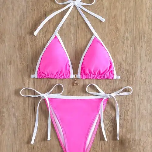 2024新款欧美比基尼泳装拼色外贸三点式性感泳衣女分体系带bikini