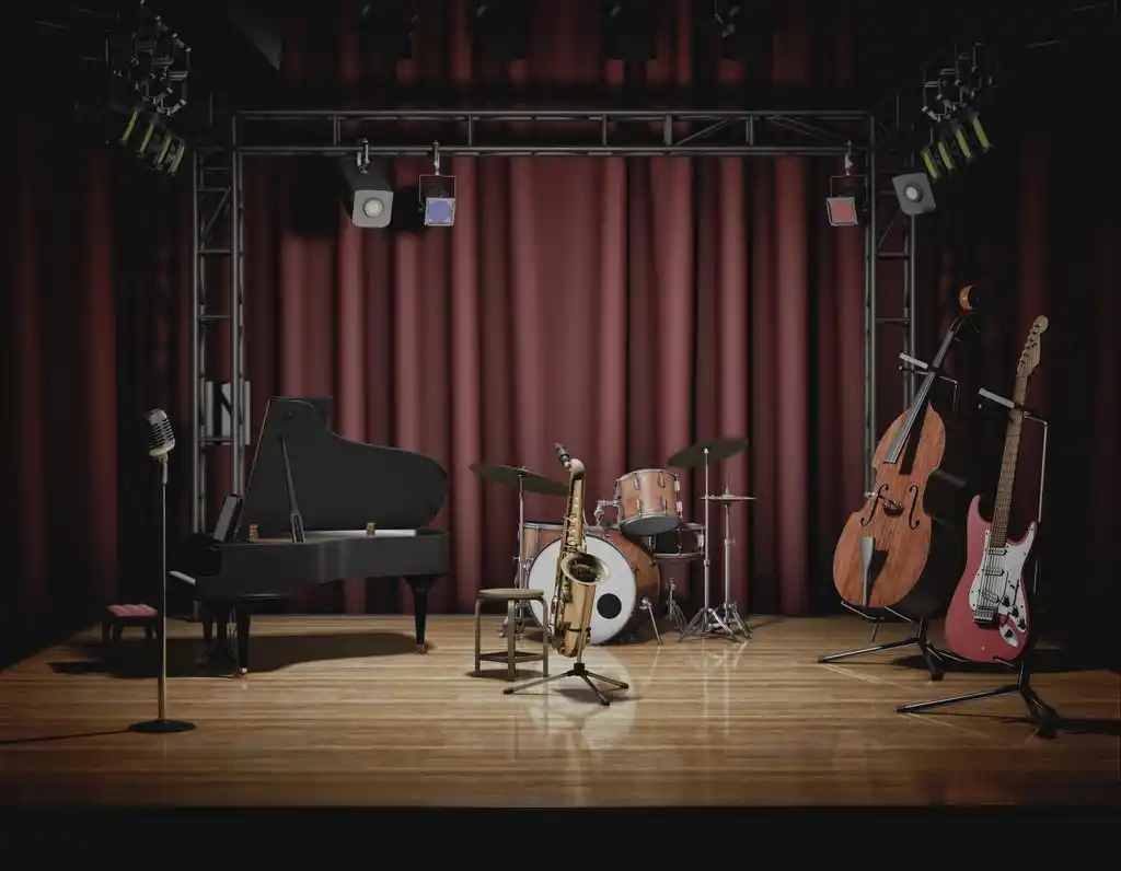 爵士音乐会,乐器的图片设置为爵士音乐舞台上.