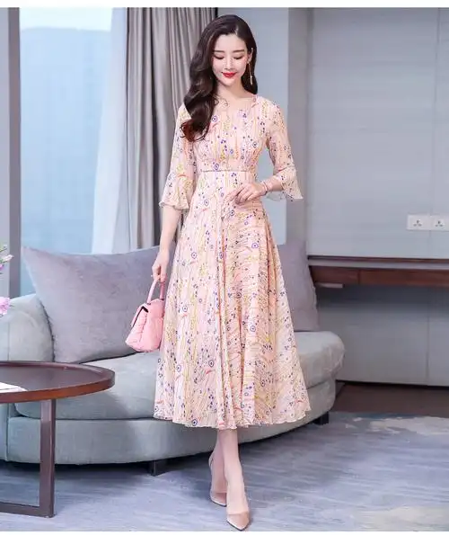 实拍2051#雪纺连衣裙女2019春夏新款长裙碎花韩版喇叭袖显瘦长裙