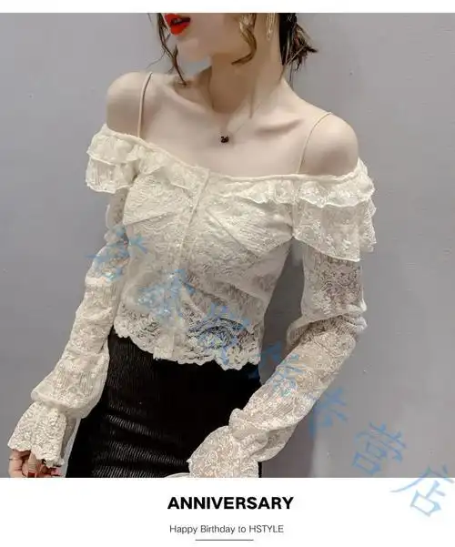 新款露肩上衣女性感时尚露肩膀衣服装辣妹穿搭少女孩子网红荷叶边蕾丝