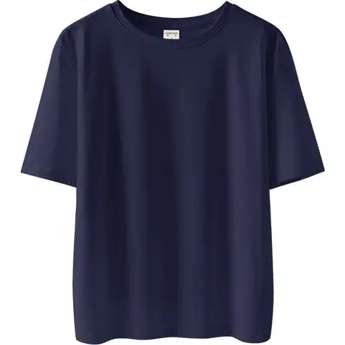 藏蓝色短袖t恤女纯色体恤2021年夏大码女装中年妈妈宽松纯棉上衣