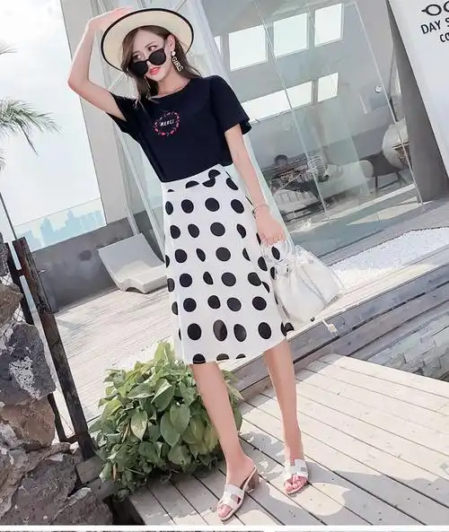 大波点半身裙夏女2018款黑白点中长款a字斑点高腰点点裙子半身裙