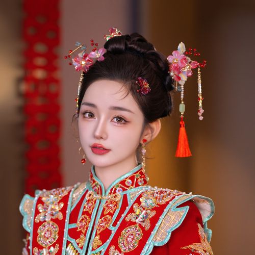 新娘头饰水彩桃花浅色唯美发簪减龄少女汉服中式古风发饰品新国风