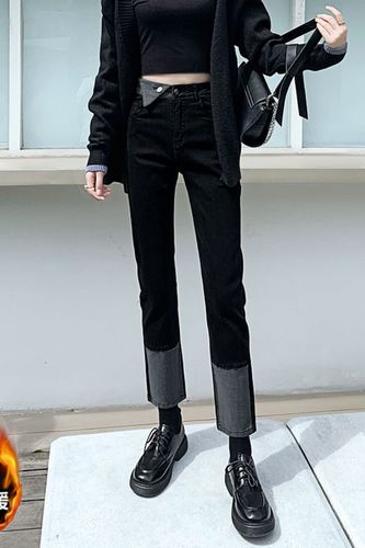 设计感加绒牛仔裤冬季大码女装斤胖妹妹mm宽松韩版高腰直筒裤 - 三坑