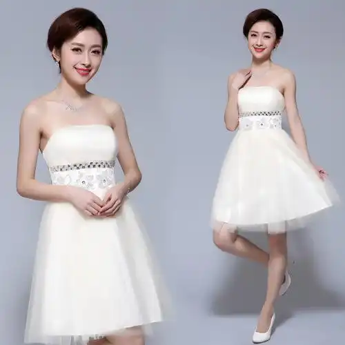 香槟色新款婚礼伴娘礼服短款演出晚礼服公主单肩绑带伴娘服0266