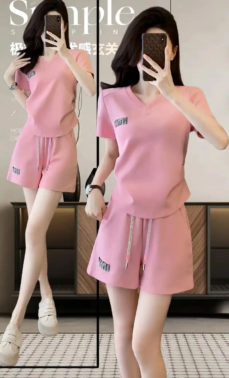 姐妹们~夏季新款韩版时尚休闲减龄套装!粉色短袖77短裤两件套