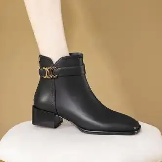 戴丽格加绒短靴女秋冬新款平底方头黑色靴子棕色显瘦切尔西靴女黑色单