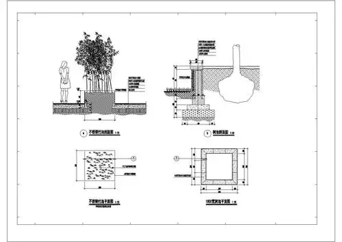 车库入口四种形式树池平面剖面图