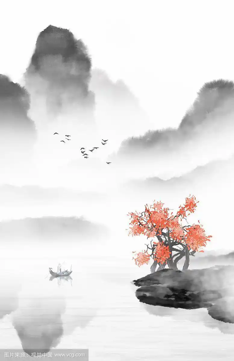 手绘中国风意境水墨山水画新中式背景插画