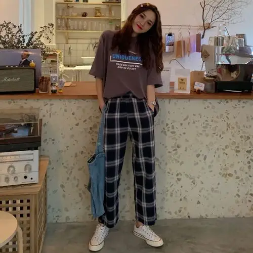 阔腿长裤套装_宽松前后字母印花短袖t恤女 直筒阔腿棉麻休闲格子长裤