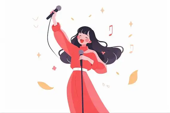 一个女孩拿着麦克风开心地唱歌卡通ai元素