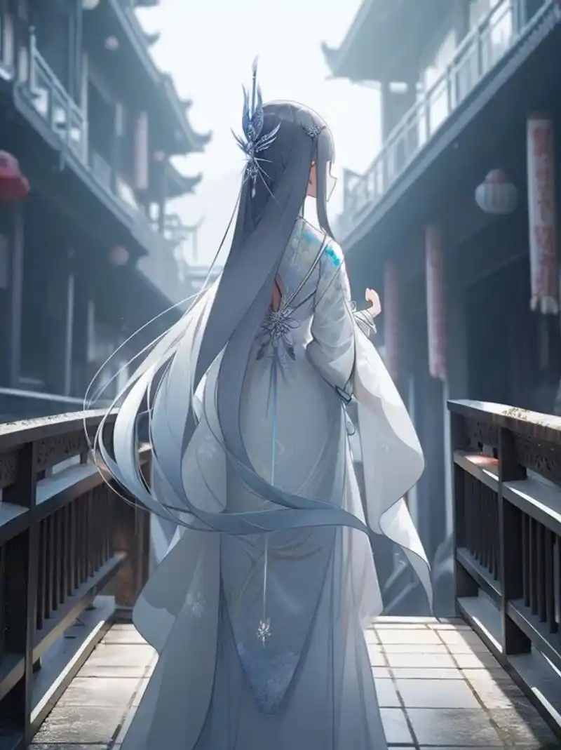 ai古风动漫二次元场景 关键词:一个年轻的蓝色长发女孩穿着白色新中国