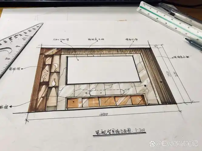 手绘电视机背景墙效果77立面图 大理石板,预算底用岩板也行,后面做