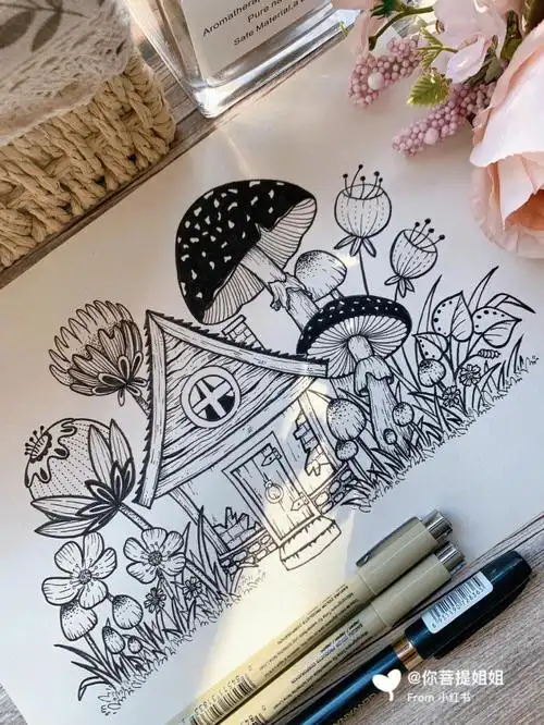 黑白画针管笔画手绘线描小木屋