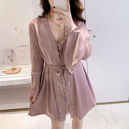 露背睡衣女感冰丝薄款女士夏天丝绸性感吊带胸垫睡裙两件套装