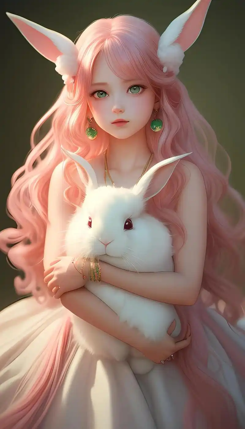 手机壁纸,可爱的小兔子和美丽的二次元小姐姐