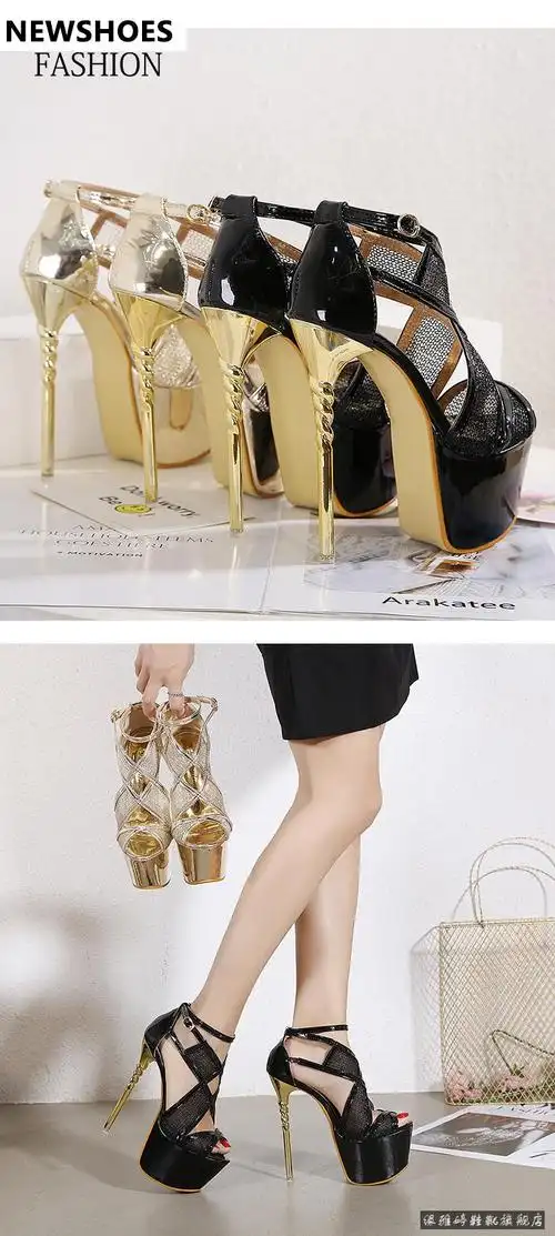 20厘米恨天高高跟鞋20cm银色婚鞋粗跟防水台模特夜店演出鞋18/公分超